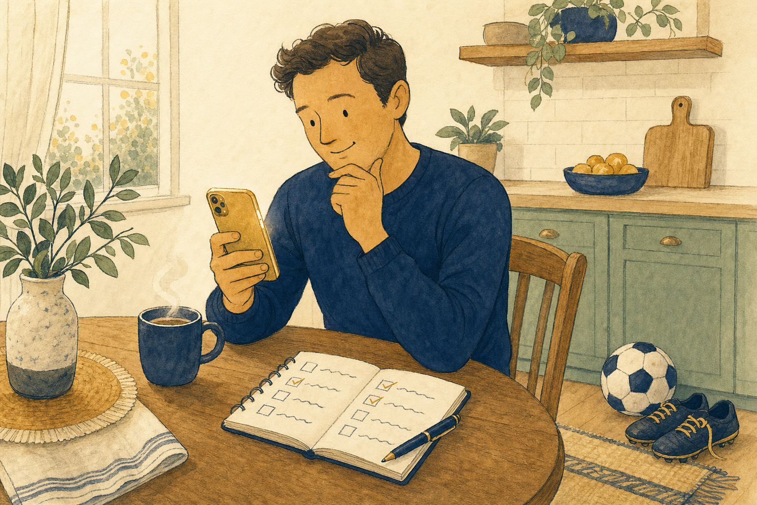 Warm illustration of a parent at a kitchen table thoughtfully comparing options on a phone, with a notebook checklist and youth soccer gear nearby