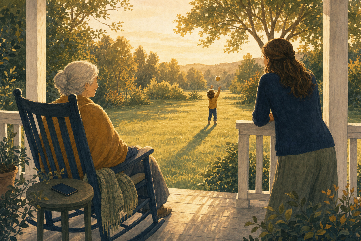 Warm illustration of three generations on a porch at golden hour, watching a child toss a ball in the yard, a phone resting face-down on the table