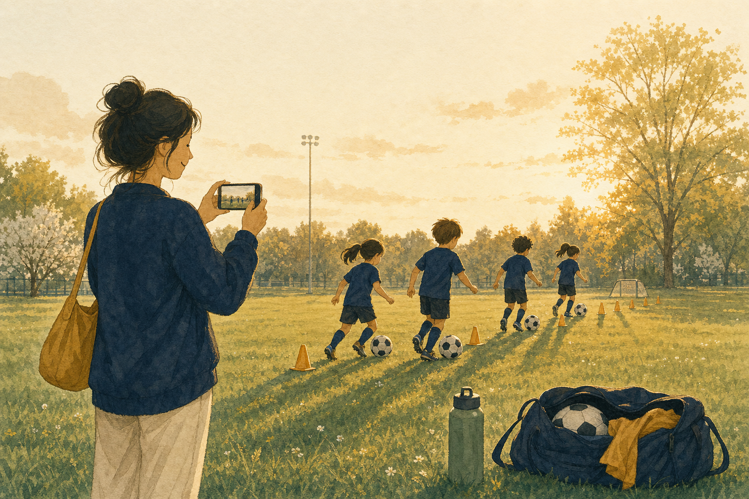 Warm illustration of children running a cone drill at a spring practice while a parent on the sideline captures the moment on a phone