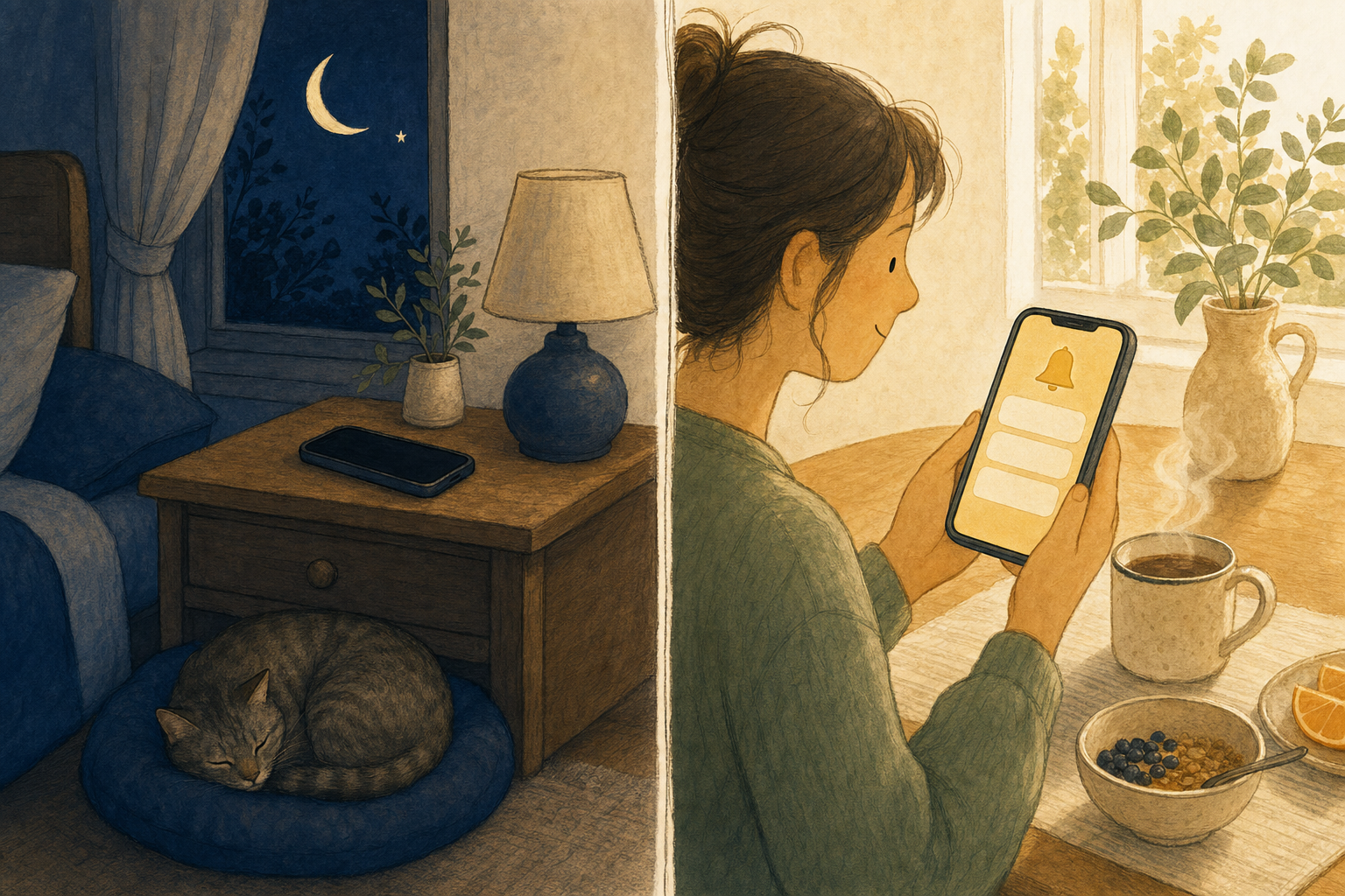 Warm split illustration: a phone resting dark and silent on a nightstand at night, and the same phone showing a gentle notification feed at a sunny breakfast table