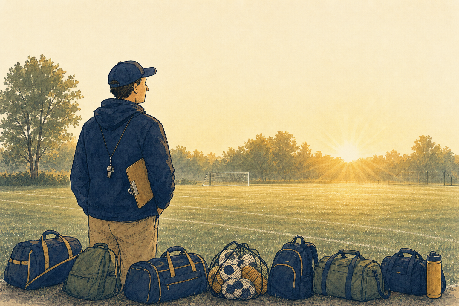 Warm illustration of a team organizer at dawn looking over an empty youth sports field, equipment bags lined up and ready for the team to arrive